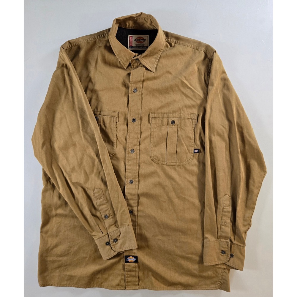 Dickies Mens M Brown Long Sleeve Work Shirt Button Down Mesh Vent